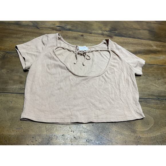 Lovers + Friends Revolve Tan Ribbed Crop Baby Tee Tie Front Size Small - Picture 4 of 8